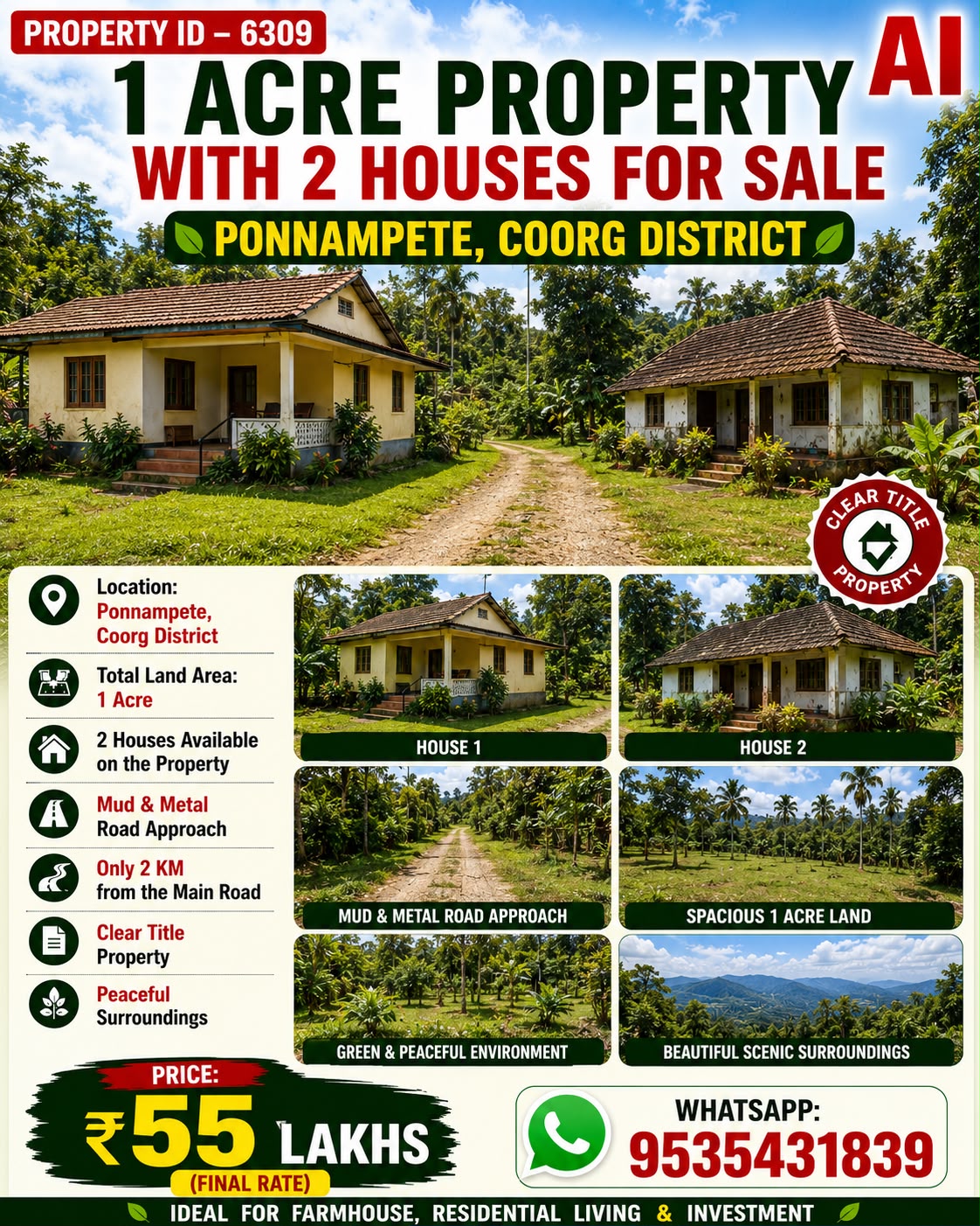 🆔 *PROPERTY ID – 6309* 🏡 *1 ACRE PROPERTY WITH 2 HOUSES FOR SALE – PONNAMPETE, COORG DISTRICT*